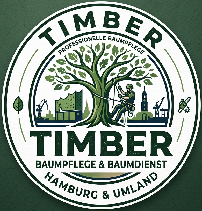 Logo von TIMBER Baumpflege, zeigt einen Baum mit einem Baumkletterer und Hamburg im Hintergrund